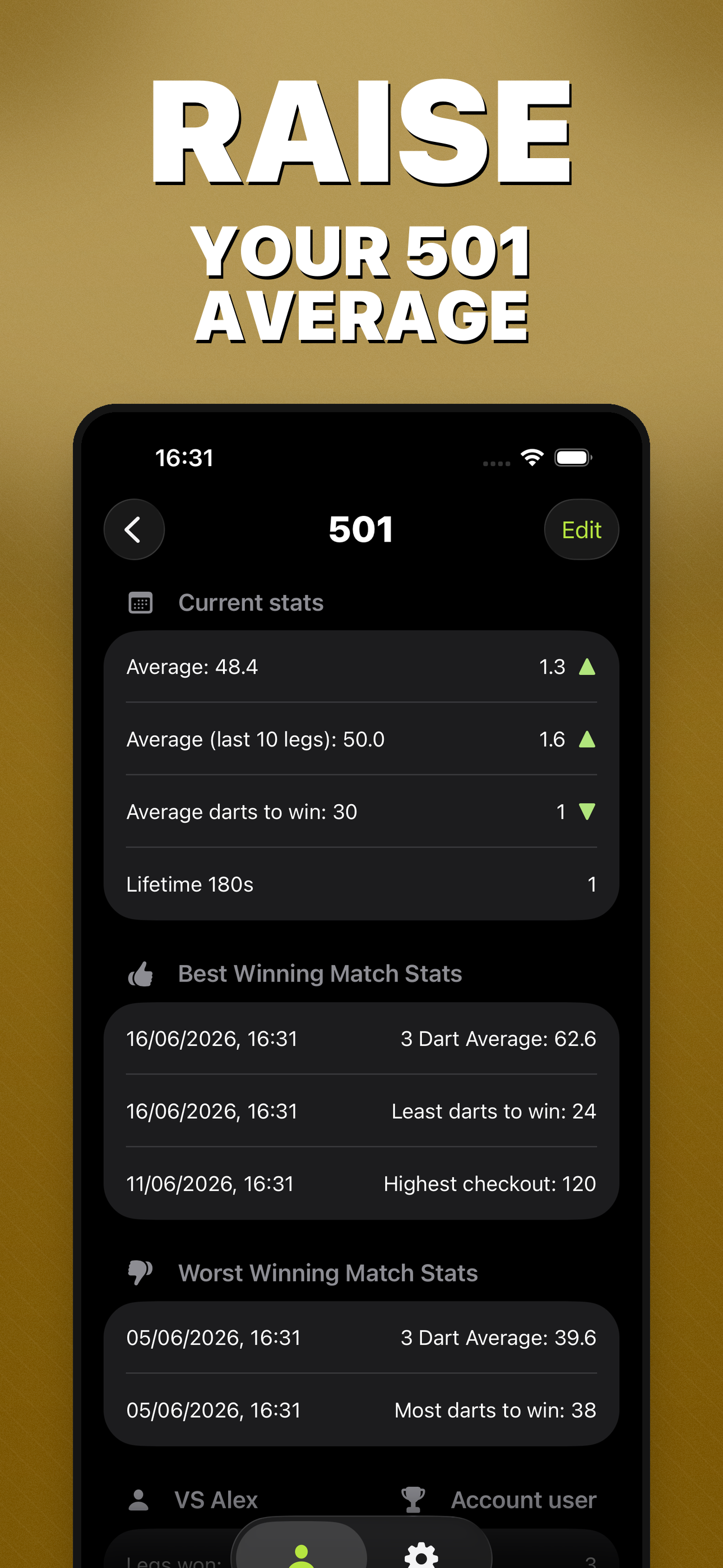 DartBot App Store image showing a 501 statistics screen.